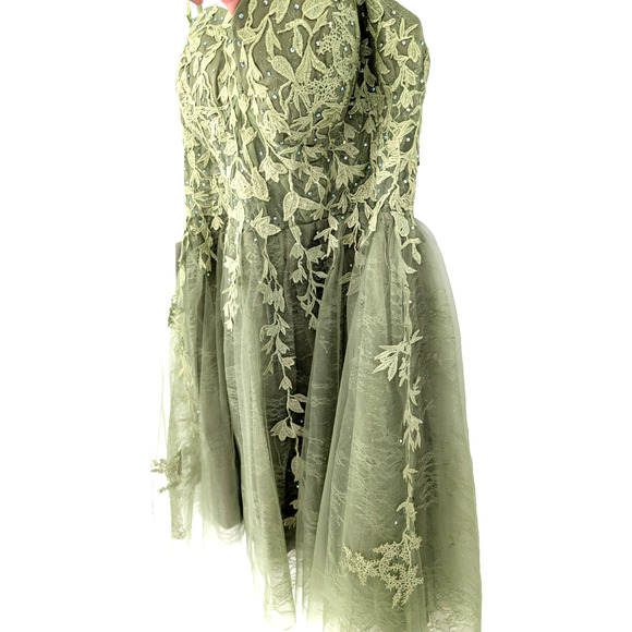Sage Green Coquette Forest Fairy Lace Tulle Sheer Embellished Corset Dress 18 - Picture 7 of 15